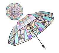 Rain Parasol - Transparent Foldable Umbrella, Vintage Stained Design, Automatic Open Canopy, Travel Accessory | Reliable Rain Protection For Men Boys Girls Youth Teens Business Trip Home Use