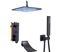 Rain Shower System Black Shower Faucet Set with LED Digital Display, Shower Combo Set Brass Rain Mixer Shower with LED Rainfall and Waterfall Shower Head, Handheld Shower, Waterfall Tub Spou