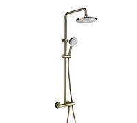 Rain Shower System Brushed Gold Shower Faucet Set Brass Shower Combo Set Wall Mounted Rain Mixer Shower with 8 inch Round Shower Head, 3 Mode Handheld Shower, Waterfall Tub Spout