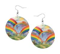 Rainbow Bright Boucles d'oreilles rondes en cuir PVC imprimé double face avec crochets plaqués argent 925, taille unique, argent sterling, pierre dorée, One Size, Argent sterling, goldstone