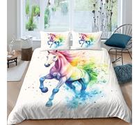 Rainbow Cheval Art Housse de Couette Microfibre résistante 3 pièces 3D Effet Confortable Vibrant Watercolor Ensemble De Literie avec Fermeture Éclair Douce for Hommes Enfants Single（135x200cm）
