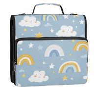 Rainbow Clouds Classeur à 3 anneaux pour enfant Bleu 3,8 cm Fermeture éclair avec sangle Comprend une poche zippée Organiseur de documents pour étudiant intermédiaire