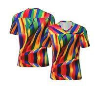 Rainbow Color Stripe Maillot de sport pour homme Col en V Manches courtes Coupe ample, Noir , S