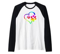 Rainbow Dog Paw Print Rescue Lover Gift Heart Black Manche Raglan
