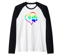 Rainbow Dog Paw Print Rescue Lover Gift Heart Black Manche Raglan