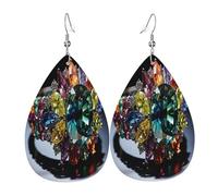 Rainbow Gemstones Boucles d'oreilles en cuir en forme de larme pour femme - Boucles d'oreilles pendantes légères en PVC avec crochets en argent 925, imprimés double face | Cadeau hypoallergénique