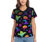 Rainbow Halloween fantôme sorcière chapeau araignées imprimé t-shirts pour femmes t-shirts basiques à manches courtes col en V hauts tendance coupe ajustée tenue d'été vêtements, Noir , L