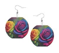 Rainbow Rose Boucles d'oreilles rondes en cuir PVC imprimé double face avec crochets plaqués argent 925, taille unique, argent sterling, pierre dorée, One Size, Argent sterling, goldstone