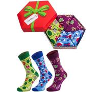 Rainbow Socks - Femme Homme Chaussettes Noël dans la Boîte Cadeau - 3 paires - Arbres de Noel Boules de Noel Cadeaux - Taille 47-50