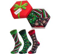 Rainbow Socks - Femme Homme Chaussettes Noël dans la Boîte Cadeau - 3 paires - Étoiles en Pain d'épice Houx Rayures Inclinées - Taille 41-46