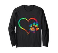 Rainbow tie Dye Dog Cat Paw Print Heart Puppy Pet Lover Manche Longue