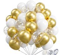 RainbowQ Party Lot de 68 ballons métalliques brillants dorés et blancs de 25,4 cm et confettis en latex à l'hélium - 30,5 cm - Pour remise de diplôme, mariage, anniversaire