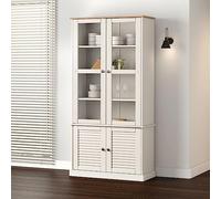 Rainery Vitrine en Verre Vigo Blanc 85x35x170 cm Bois Massif de pin Armoire de Rangement avec Compartiment Buffet pour Salon, Chambre, Cuisine, Salle de Bain, Couloir
