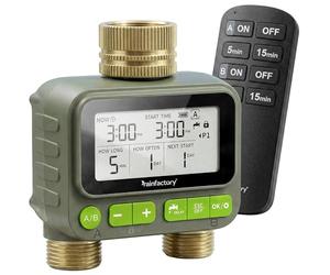 rainfactory - programmateur arrosage 2 Voies avec télécommande, minuterie arrosage à Pile IP65, écran LCD, 4 Plans, Manuel, départ différé, raccord ¾ pour Jardin, Potager, Goutte à Goutte Double Zone