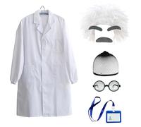 Rainmae Costume de scientifique 8 pièces pour adulte comprenant une perruque bou de vieil homme, un manteau de laboratoire blanc, des lunettes, une moustache, des sourcils, une carte d'identité