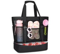 RAINSMORE Grand Sac de Plage Femme XXL avec Maille Zippé 42L Grande Capacité Sac Cabas Femme Imperméable Pliable Beach Bag pour Plage Voyages Gym Noir