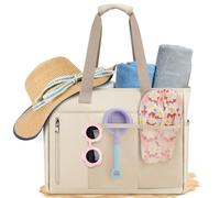 RAINSMORE Sac de Plage Femme XXL 40L Grand Sac de Plage Extra Large Famille avec Zippé Beach Bag Plusieurs Poches Sac a Main Cabas pour Plage Voyages Kaki