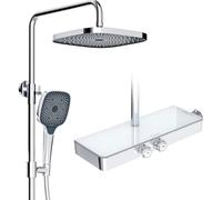 Rainsworth Colonne de Douche Thermostatique avec Étagère en Verre Chromé, Commande à Une Touche, Contrôle du Débit, Ciel de Douche 26x26 cm, Douchette à Main 3 Types de Jet - Kit Complet Salle de Bain