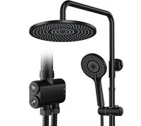Rainsworth Douche à effet pluie, sans robinet, noire, ronde, 25 cm, avec pommeau de douche à 3 types de jets, colonne de douche, pour douche