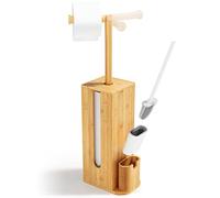 Rainsworth Porte Papier Toilette sur Pied 3-en-1 avec Brosse WC, pour 4 Rouleaux de Papier, Support en Bois, HBT 71,6 x 15,5 x 15,5cm, Distributeur de Papier Toilette en Bambou