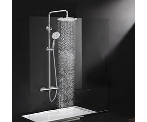 Rainsworth Système de douche avec thermostat chromé - Kit complet avec pommeau de douche rond de 25 cm - Pommeau de douche à 3 types de jet - Hauteur réglable de 92 à 126 cm - Douche à effet pluie