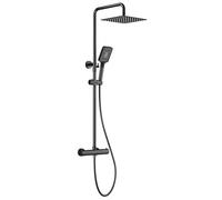 Rainsworth Système de douche, avec thermostat, noir, 25 x 25 cm, carré, en acier inoxydable, kit complet, douche à effet pluie, avec robinet, pommeau de douche à 3 types de jet, barres de douche de 92