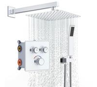 Rainsworth Système de Douche encastrable avec thermostat 38℃ Chromé, débit d'eau réglable, Ensemble de Douche Set avec Tête de Douche Carrée 25 * 25cm, Pommeau de Douche, Mitigeur en Laiton