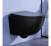 Rainsworth WC mural sans bord - WC suspendu puissant, avec technologie de rinçage efficace, cuvette WC avec abattant WC avec système d'abaissement automatique et blocage rapide, noir, 48,5 cm
