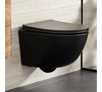 Rainsworth WC suspendu sans bord - Chasse d'eau puissante, cuvette WC avec abattant WC automatique, toilette compacte en céramique, 48,5 cm de long, facile à nettoyer, pour ascension de salle de bain