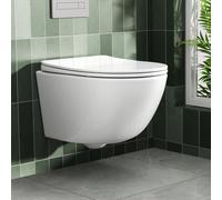 Rainsworth WC suspendu sans bord - Chasse d'eau puissante, cuvette WC avec abattant WC automatique, toilette compacte en céramique, 48,5 cm de long, facile à nettoyer, pour ascension de salle de bain