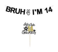 Rainway Décoration de gâteau d'anniversaire pour 14e anniversaire - Bannière « Bruh I am 14 ans » - Décoration de gâteau amusante - Doré et noir
