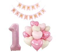 Rainway Kit Décoration Anniversaire 1 An, Ballon Chiffre 1 De 32 Pouces, 12 Ballons Aluminium En Forme De Cœur et Bannière Joyeux Anniversaire pour Fêtes, Célébrations et Mariages(Rose)