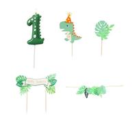 Rainway Lot de 5 bougies d'anniversaire vertes « 1 » et décoration avec figurine de dinosaure, feuille, bannière et guirlande, kit complet pour décoration de table et décoration de gâteau pour le 1er