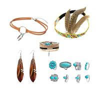 Rainway Parure de bijoux Boho 12 pièces - Collier avec turquoise, bandeau, 8 bagues et bracelet plume en cuir pour carnaval, fête à thème ou costume - Style western et tribal pour homme et femme