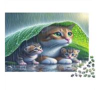 Rainy Cat Family Puzzle for The Whole Family: Cat Mom with Kittens Under Leaf for Women, Gifts for Men Adults & Kids 52x38cm/1000pcs