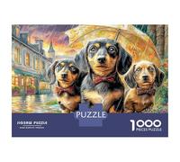 Rainy Dachshund Trio Puzzle 1000 Pièces Dachshunds dans la Rue européenne Puzzle Décoratif en Carton, Jeu Relaxant Et Challenge pour Adultes Et Moments en Famille 52x38cm/1000pcs