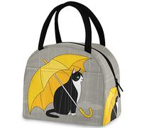 Rainy Day Cat avec parapluie jaune Sac fourre-tout réutilisable avec poche avant Sac isotherme isotherme pour la rentrée scolaire Travail Pique-nique Voyage Pêche Plage