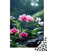 Rainy Pink Butterfly Orchid Puzzle Classique Moth Orchid 1000 Éléments Papier Épais pour Adultes avec Poster Facile À Assembler Détente À Domicile Challenge/Difficile 52x38cm/1000pcs