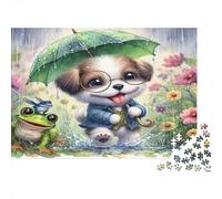 Rainy Puppy Joy 1000 Pieces for Adults: Dog with Frog Under Leaf Fun and Challenging Family Game Great Gift 70x50cm/1000pcs