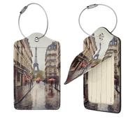 Rainy Street in Paris - 1 étiquette de voyage en cuir synthétique avec dos intégral pour nom, étiquettes personnalisées pour sacs, valises avec boucle en métal