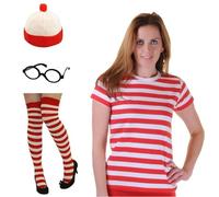 RAIS Costume Nerd Geek pour femme, ensemble de 4 pièces comprenant un t-shirt rayé rouge et blanc, des lunettes, des chaussettes et un chapeau, un déguisement pour Halloween (S-M)