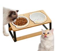 Raise the Cat Bowl High - Gamelle d'eau pour chat élevé | Double plat haut en céramique | Bol incliné pour chat | Appartement en ville, voyage, base en bois antidérapante pour chaton chiot