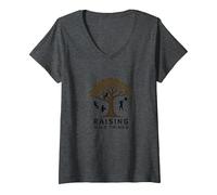 Raising Wild Things: Silhouette d'arbre ludique pour Enfants T-Shirt avec Col en V, Femme, Chiné Foncé, M