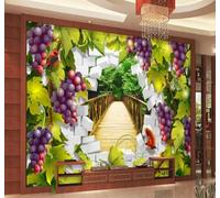 Raisins Violets Feuilles Vertes Pont En Bois Oiseaux En Vol Papier Peint 3D Installation Facile Intissé Tapisserie Bureau Salon Canapé Chambre Décoration Murale-430cm×300cm