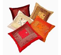 Rajasthali Indian Ethnic Hand Embroidery Decorative Silk Pillow Cushion Cover Set of 5 Pcs Size 16 X 16 Inches by Marubhumi