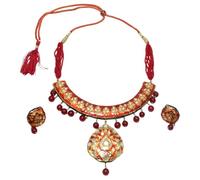 Rajasthan Gems Meena L226 Parure de bijoux de mariage avec collier et boucles d'oreilles en perles de cire et émail Rouge onyx Rouge
