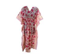 RAJBHOOMI HANDICRAFTS Robe caftan en coton à manches courtes pour femme - Imprimé bloc - Grande taille, rose foncé, taille unique