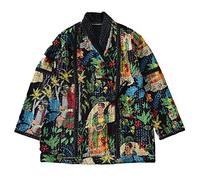 Rajbhoomi Veste Kantha pour femme Frida Kahlo en coton imprimé fait à la main matelassée pour femme (noir), Noir , XL-XXL