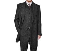 RAJEGAR Ensemble 3 pièces en tweed pour homme - Manteau fin à chevrons - Tenue longue vintage - Smoking - Veste de bal - Gilet et pantalon, Noir , M