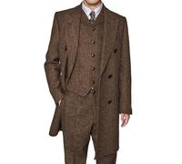 RAJEGAR Ensemble 3 pièces en tweed pour homme - Manteau fin à chevrons - Tenue longue vintage - Smoking - Veste de bal - Gilet et pantalon, marron, 4XL
